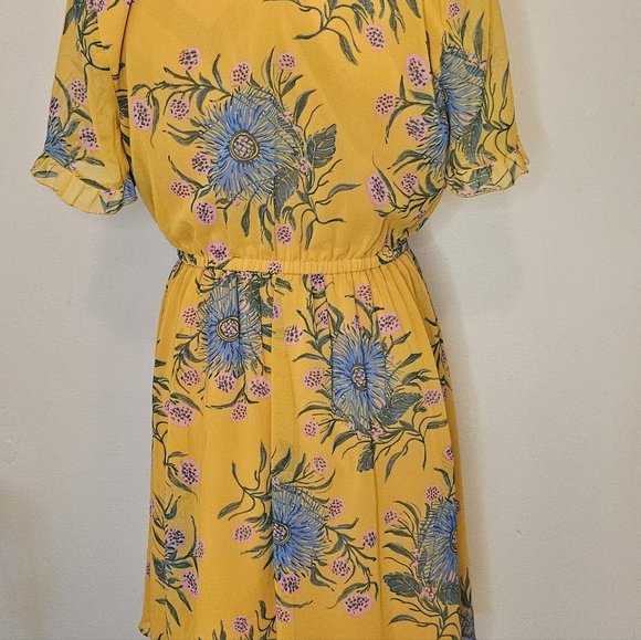 Madewell V-Neck Ruffle Flutter Sleeve Floral Boho Mini Dress Yellow Blue Size 6 - Picture 7 of 8